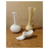 Milk glass slipper - 9' ewer - 10' yellow vase Milk glass slipper - 9' ewer - 10' yellow vase