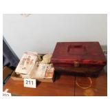 Vintage brown sewing box with tray - flat of Vintage brown sewing box with tray - flat of