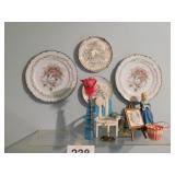 Shelf knick knacks and plates on wall above Shelf knick knacks and plates on wall above