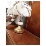 Set of lamps, gold tone with white/clear shades,