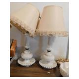 Milk glass: matching pair hobnail bedroom lamps -