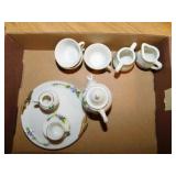 Tiny tea party dishes: one violet tray w/tea pot, Tiny tea party dishes: one violet tray w/tea pot,