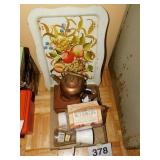 Small copper tea kettle - old lap tray - grinder Small copper tea kettle - old lap tray - grinder