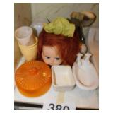 Vintage red head doll tissue dispenser - plastic