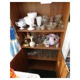 Lots of glassware on 3 shelves: vases - milk glass Lots of glassware on 3 shelves: vases - milk glass