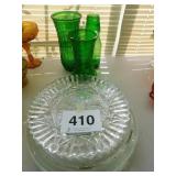 7 clear glass serving trays - 2 green glass large