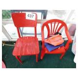 Red painted wooden child's chair with metal Red painted wooden child's chair with metal