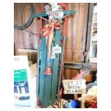Full size sled, painted red & green and decorated Full size sled, painted red & green and decorated