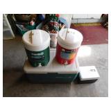Large and small Coleman coolers, large has Large and small Coleman coolers, large has