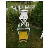 2 patio tables - small yellow chair - white enamel