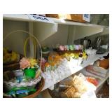 Bottom shelf contents including: Easter decor -