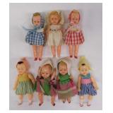 7 vintage hard plastic sleep eye dolls, 3" tall