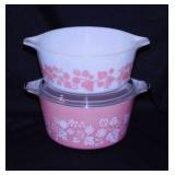 Two 1957 Pyrex Pink Gooseberry casseroles: 1 qt.