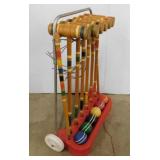 Nice vintage 6 mallet croquet set in stand,