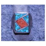 Vintage Mexican silver turquoise & coral chip ring