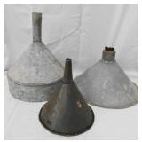 3 vintage metal funnels
