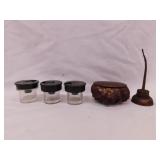3 antique school desk glass ink wells w/ bakelite