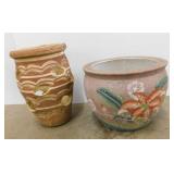 Ceramic planter, 10" tall - Pottery hen & checks