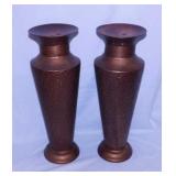 Pair of copper look metal pillar candle holders,