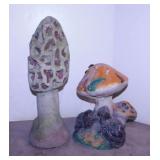 2 concrete garden yard art mushrooms, tallest is