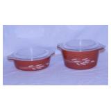 Two 1979 Pyrex Autumn Harvest casseroles w/ lids: