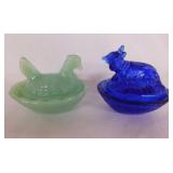 Glass salt cellars: Jadeite hen chicken on nest -