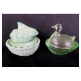 Glass salt cellars: Green slag bunny rabbit on
