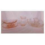 Pink Depression glass: 3 pc. dip bowl, mayonnaise