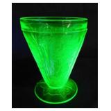 Cherry Blossom uranium glass footed juice glass,