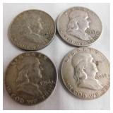 4 Franklin half dollars circulated: 1952 S - 1954