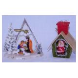 Plastic Christmas ornament house w/ child, 3" tall