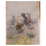 CM Russell print Roping A Steer, framed, 12" x