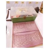 Vintage sewing box w/ contents, 14" x 9" x 8" -