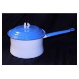 Vintage blue & white enamelware saucepan w/ lid,