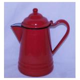 Vintage red enamelware campfire coffee pot,