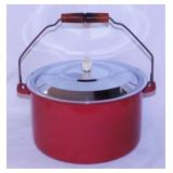 Vintage red enamelware kettle stockpot w/ chrome