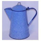 Vintage blue graniteware campfire coffee pot,