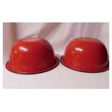 2 vintage red enamelware mixing bowls, 11" diam.,