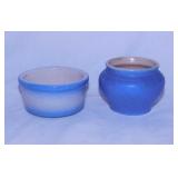 2 small antique blue stoneware crocks, 3" tall