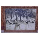 Antique Winter sheep print in ornate frame,