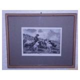 Antique Alpine Scene sheep print, matted & framed,