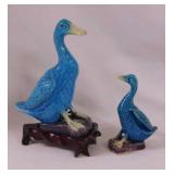 2 antique turquoise glaze porcelain ducks,