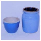 2 small blue glazed crocks, 2..5" & 4.25" tall