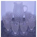 Vintage hobnail glass pitcher & 8 footed tumblers,