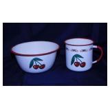 Vintage enamelware cherries bowl & mug -