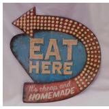 Eat Here embossed metal arrow directional sign,
