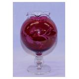 Vintage etched cranberry glass pedestal vase -