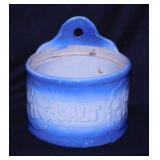 Antique blue glazed salt crock, 6" diameter