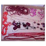 4 red glass beaded necklaces - 2 pink glass