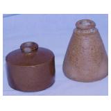 Antique stoneware round inkwell & cone ink bottle